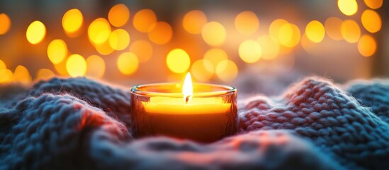 Poster - Cozy candle holder with lit candle on soft blanket surrounded by warm bokeh lights creating a serene and inviting atmosphere
