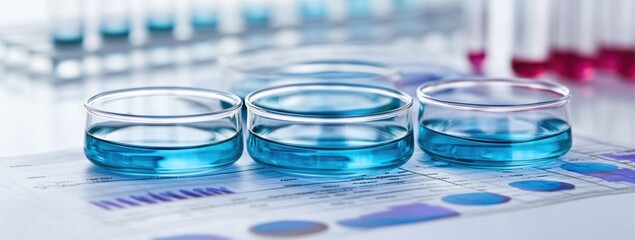 Poster - Laboratory scene with petri dishes containing blue liquid and scientific data sheets.