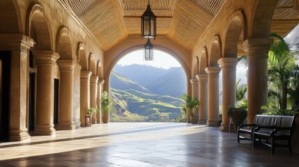 Aufkleber - A serene architectural space with arches and a view of lush mountains.
