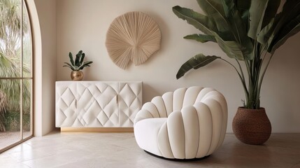 Poster - A modern interior featuring a stylish chair, decorative wall art, and indoor plants.