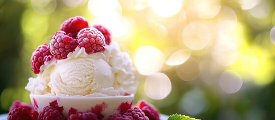 Canvas Print - Delicious ice cream dessert topped with fresh raspberries and whipped cream in a natural setting with a soft bokeh background