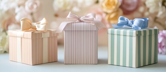 Wall Mural - Colorful gift boxes with ribbons arranged on a soft background ideal for celebrations and occasions with clear copy space for text