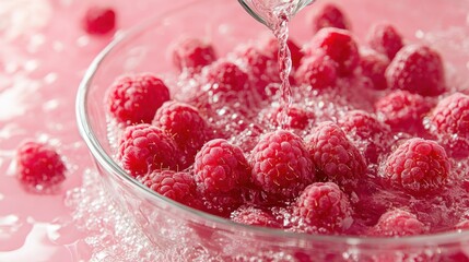 Poster - Fresh raspberries being rinsed in a clear bowl, highlighting their vibrant color and texture.