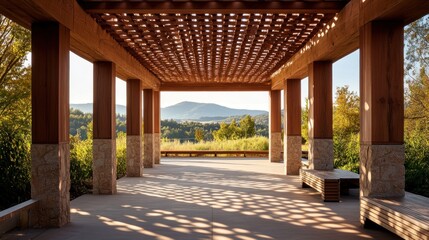 Aufkleber - A serene pavilion with wooden beams and stone pillars, overlooking a scenic landscape.