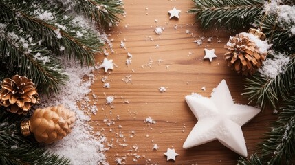 Canvas Print - Christmas wooden backdrop featuring snow-dusted fir tree decorations, pinecones, stars, and a white star for festive holiday themes.