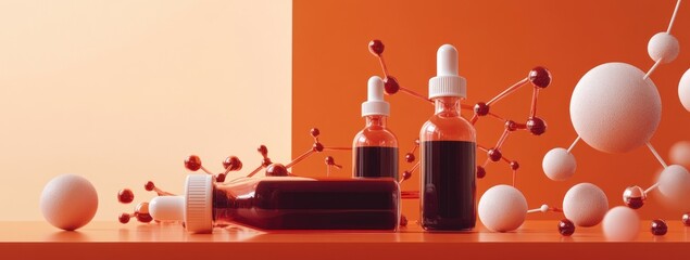 Aufkleber - Bottles and molecular structures on a vibrant background, suggesting scientific or health themes.