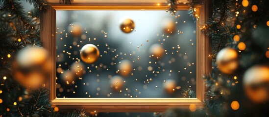Poster - Falling golden ornaments in a wooden frame surrounded by festive greenery creating a joyful Christmas background image