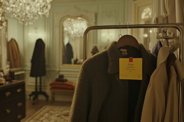 Poster - Cozy clothing display in an elegant boutique with chandeliers and mirrors.