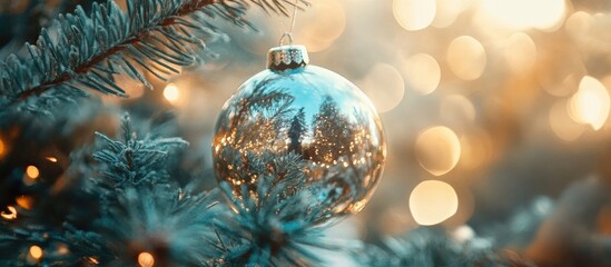 Poster - Close up of a shimmering Christmas ornament hanging on a pine tree branch with warm festive bokeh lights in the background.