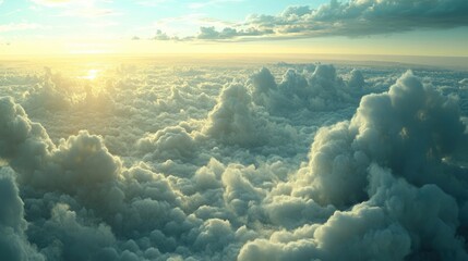 Wall Mural - Serene cloudscape above the ocean at sunset showcasing a vibrant sky and fluffy clouds for a tranquil atmosphere.