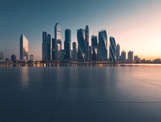 Poster - A modern skyline at sunset reflecting in calm waters, showcasing architectural designs.