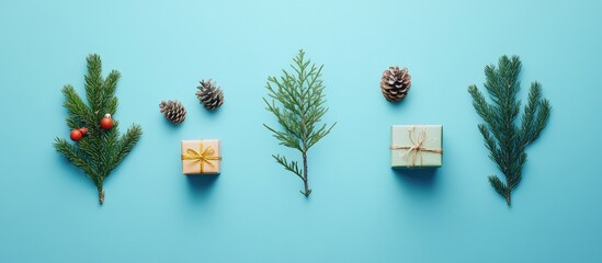 Wall Mural - Christmas decorations with coniferous branches gift boxes and pine cones arranged on a vibrant blue background for festive themes.