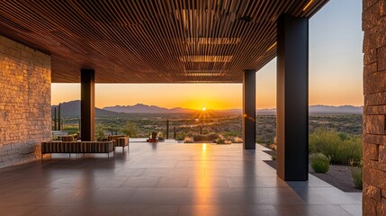 Fototapete - Modern architectural space with a stunning sunset view over a desert landscape.
