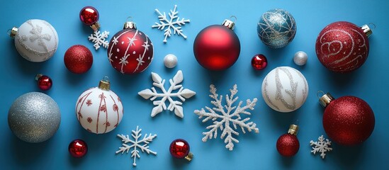Poster - Festive flat lay of Christmas ornaments stars and snowflakes arranged creatively on a vibrant blue background for holiday celebrations