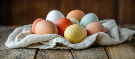 Wall Mural - Colorful Easter and chicken eggs arranged on a rustic wooden background with a textured towel creative spring holiday decoration concept