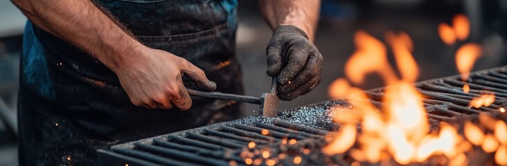 Aufkleber - A blacksmith shaping metal with a hammer near a forge.