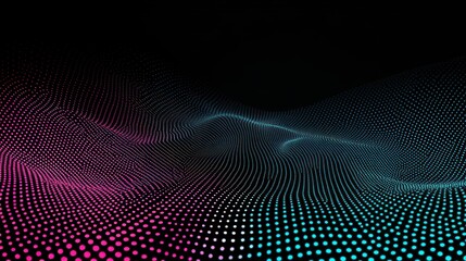 Fototapete - Abstract wave pattern with dots in pink and blue on a black background.
