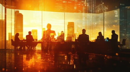 Aufkleber - Silhouetted figures in a modern office against a vibrant city skyline at sunset.