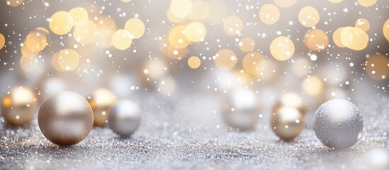 Poster - Christmas ornaments on shimmering silver bokeh background with abstract snowflakes creating a festive winter atmosphere