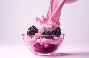 Poster - A bowl of pink dessert topped with blackberries, showcasing a creamy, flowing texture.