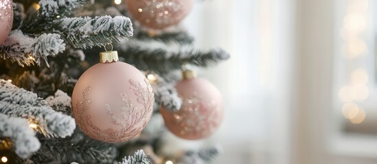 Wall Mural - Elegant Christmas tree adorned with pink glitter ornaments creating a festive and joyful holiday atmosphere in a cozy setting