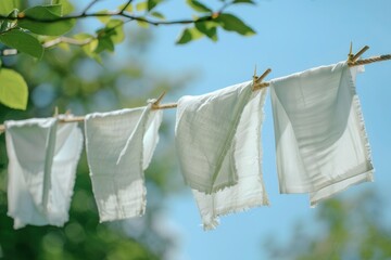 Aufkleber - Fresh linen drying on a clothesline under a bright blue sky on a sunny day in a tranquil outdoor setting. Generative AI