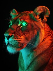 Poster - A digitally illuminated lioness head with vibrant colors highlighting its features.