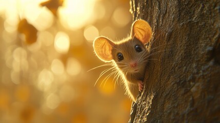Aufkleber - A cute mouse peeking from a tree trunk with a warm, blurred background of autumn leaves.