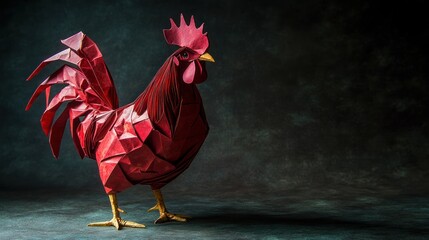 Aufkleber - A vibrant origami rooster sculpture, showcasing intricate folds and a striking red color.
