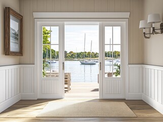 Aufkleber - A serene entryway leading to a waterfront view with sailboats.