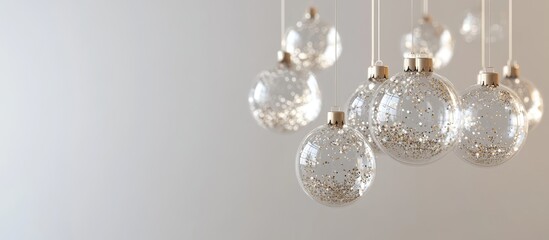 Poster - Elegant glass Christmas ornaments hanging delicately against a soft white background creating a festive and serene holiday atmosphere.