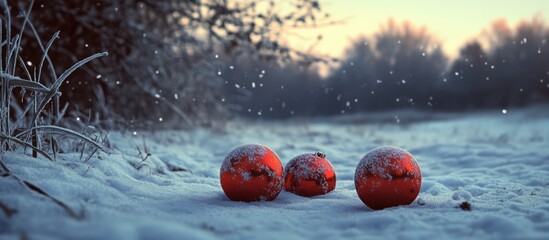 Wall Mural - Festive red Christmas ornaments nestled in snow with a serene winter landscape in the background during a tranquil holiday season.