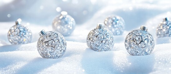 Poster - Elegant Christmas ornaments resting in soft snow create a serene holiday atmosphere on a bright white background.