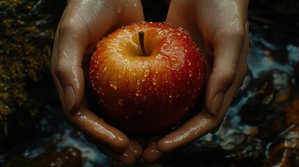 Hands holding fresh red apple with water droplets outdoors Apple Gifting Day