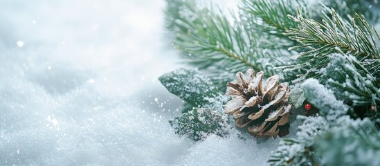 Wall Mural - Festive winter scene featuring pine branches and a pine cone on a snowy background capturing the essence of Christmas tranquility