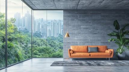 Poster - Modern living room with a city view and greenery outside.