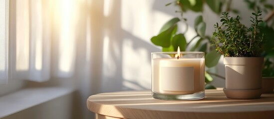 Poster - Candle with customizable label and plant on a wooden table in a bright and airy interior setting