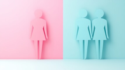 Wall Mural - A paper cutout representation depicting individuality and connection, showcasing a single figure in pink and a pair in blue against contrasting backgrounds.