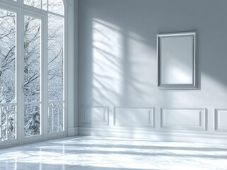 Aufkleber - A serene, minimalist room with large windows showcasing a snowy landscape outside.