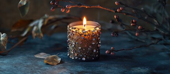 Poster - Elegant candle adorned with embellishments set against a rustic wooden background creating a warm and inviting ambiance.