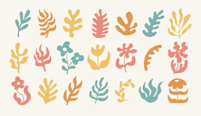 Wall Mural - set of groovy retro wavy floral elements. botanical abstract flowers and plants in flat funky style.
