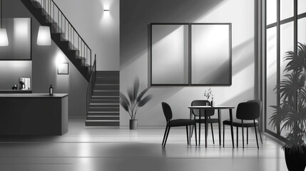 Poster - A monochrome interior featuring a staircase, dining area, and large windows with plants.