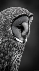 Aufkleber - A close-up black and white portrait of an owl, highlighting its intricate feathers and eye.