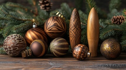 Canvas Print - Elegant wooden and bronze Christmas tree ornaments arranged with pinecones on a rustic wooden table backdrop for festive decor.