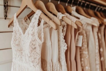 Poster - A display of elegant lace dresses hanging on wooden hangers in a boutique setting.
