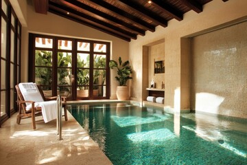 Poster - A serene indoor spa area featuring a small pool and natural light.