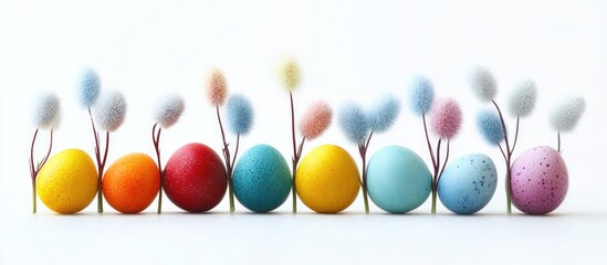 Poster - Colorful Easter eggs with decorative fluffy flowers arranged on a bright white background for festive spring celebrations and holidays.