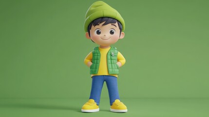 Poster - A cheerful animated boy in a green outfit stands confidently against a solid green background.