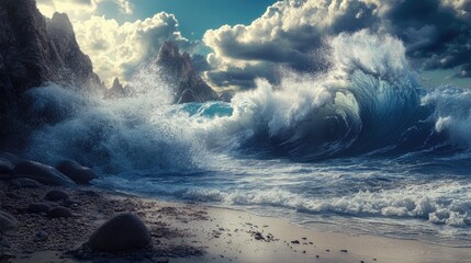 Poster - Dynamic ocean waves crashing against a rugged shoreline under a dramatic sky at dusk