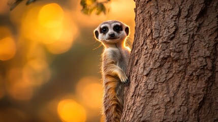 Poster - A meerkat peeks from behind a tree, illuminated by a warm, glowing background.